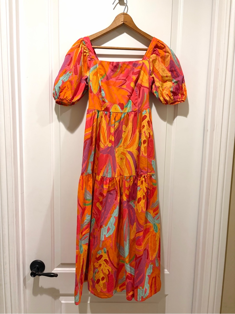 Orange Dopamine Tropical Puff Sleeve Tiered Cotton Resortwear Maxi Dress size X